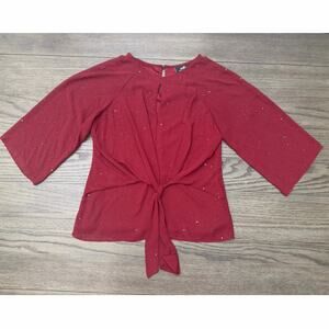 Burgundy Tie Front Blouse Medium Sparkle Sheer Long Sleeve Top
